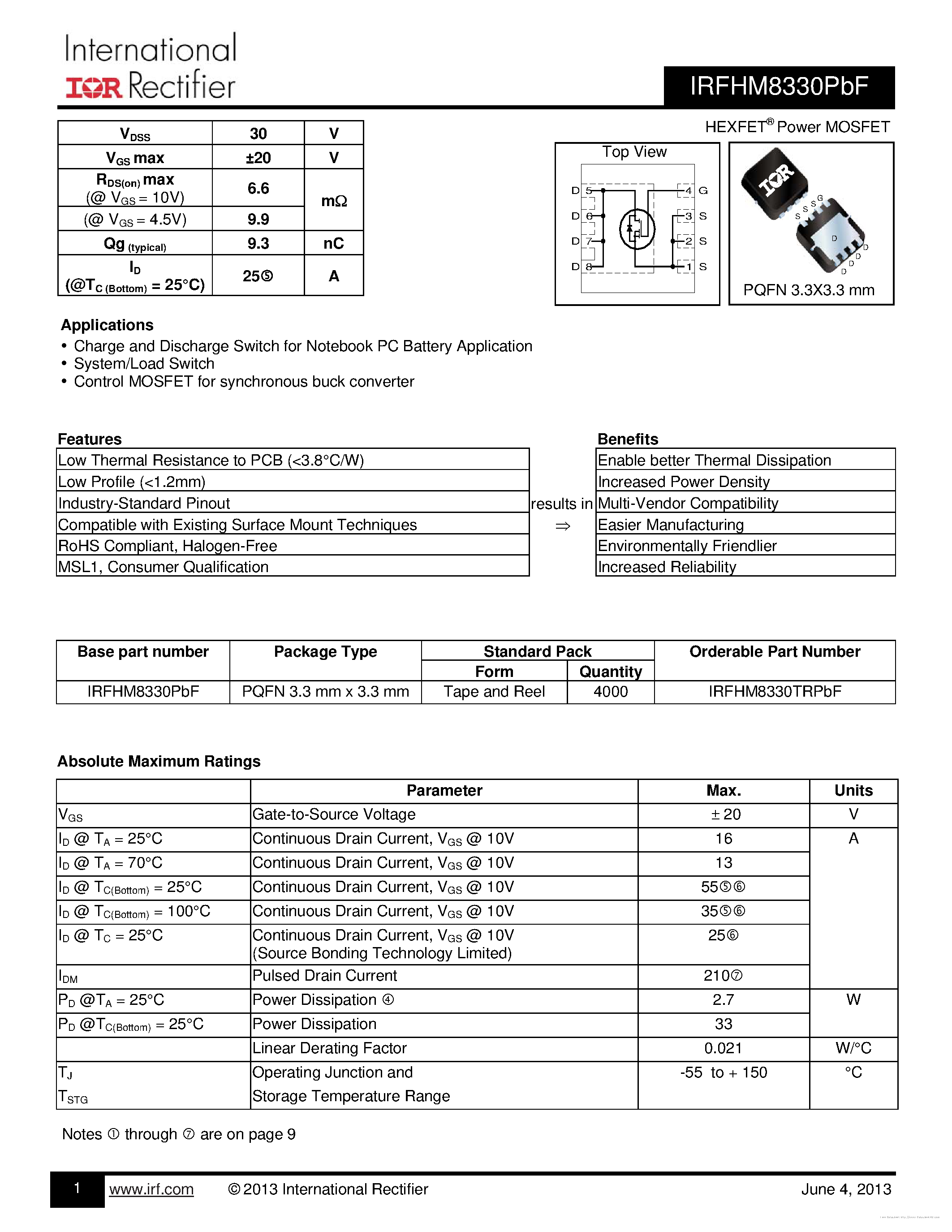 Datasheet IRFHM8330PBF - page 1