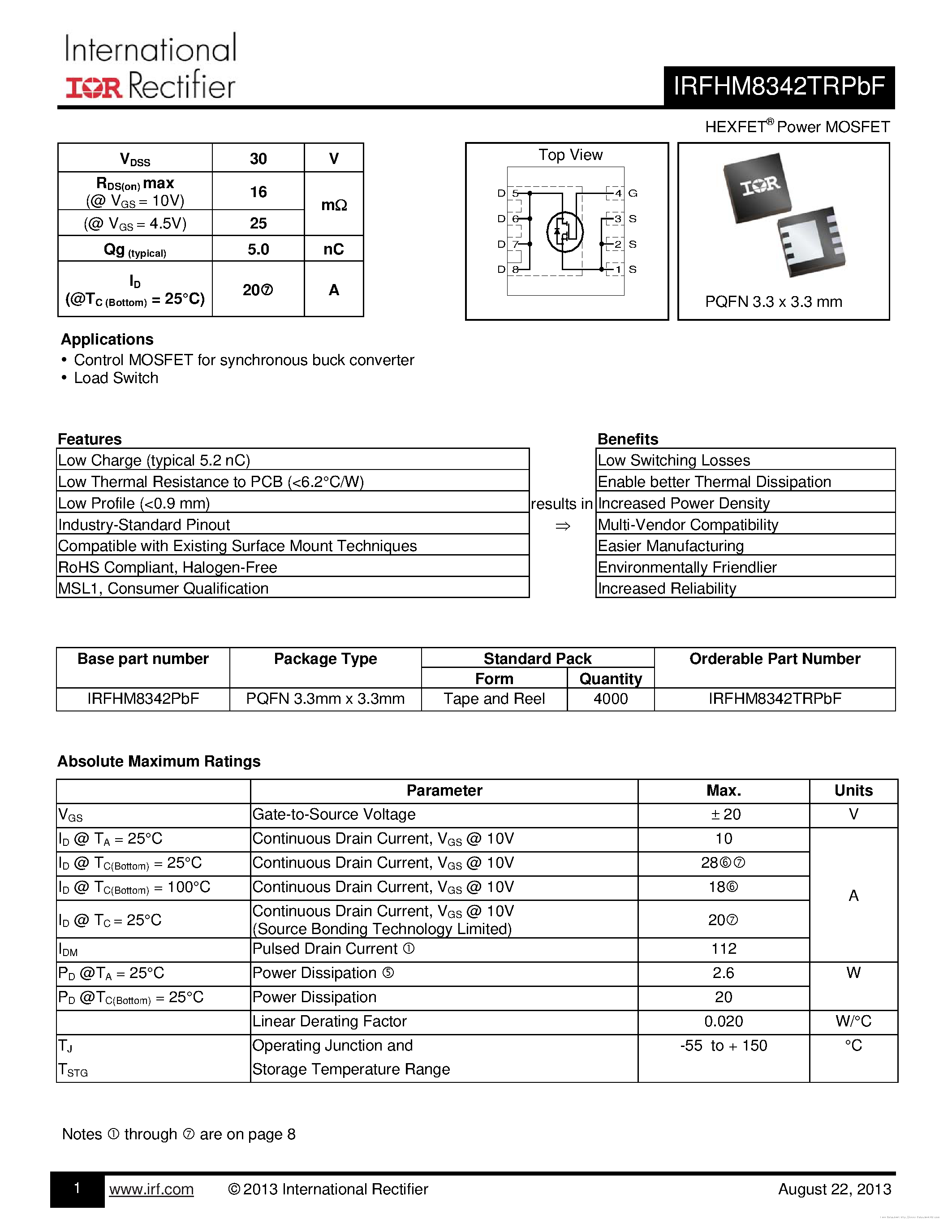 Datasheet IRFHM8342TRPBF - page 1