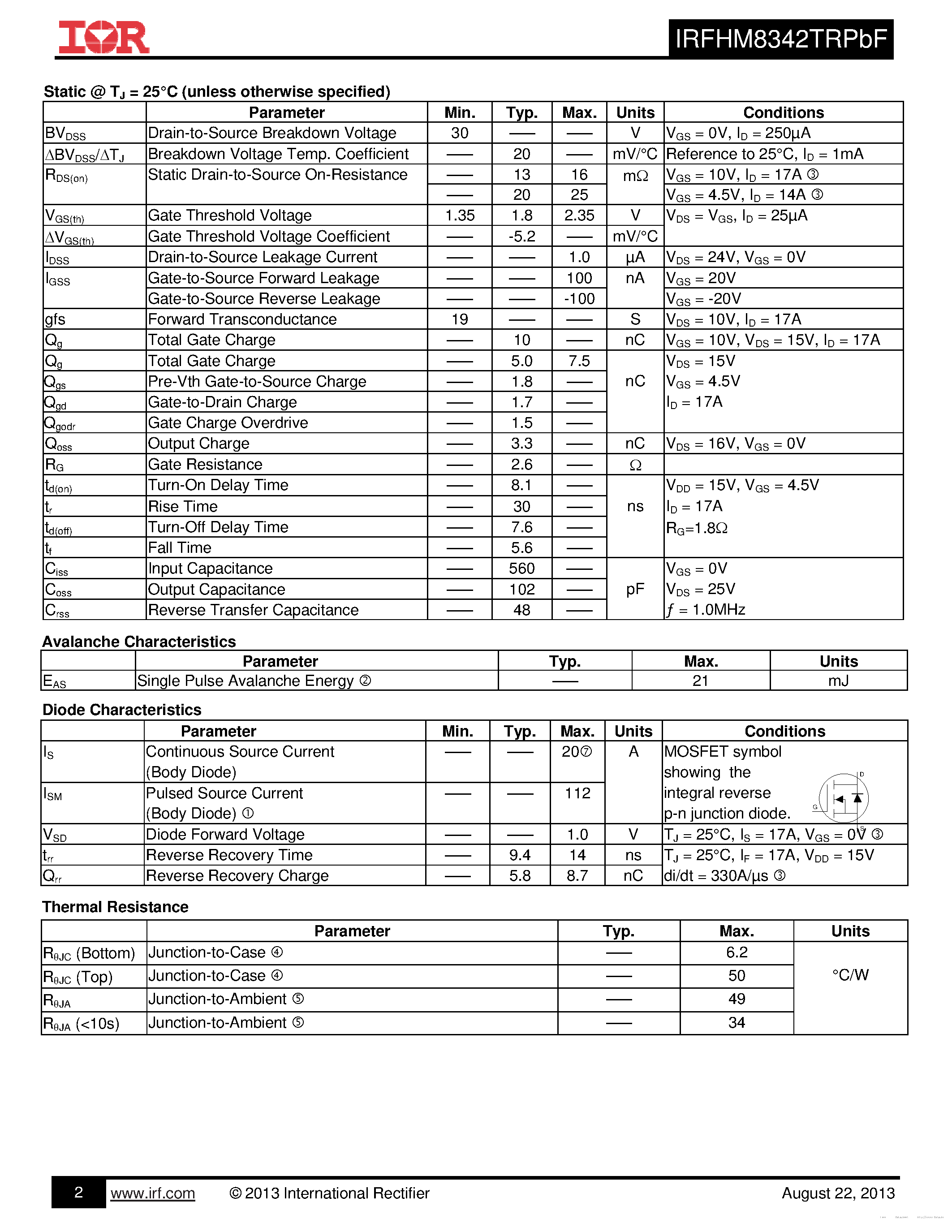 Datasheet IRFHM8342TRPBF - page 2