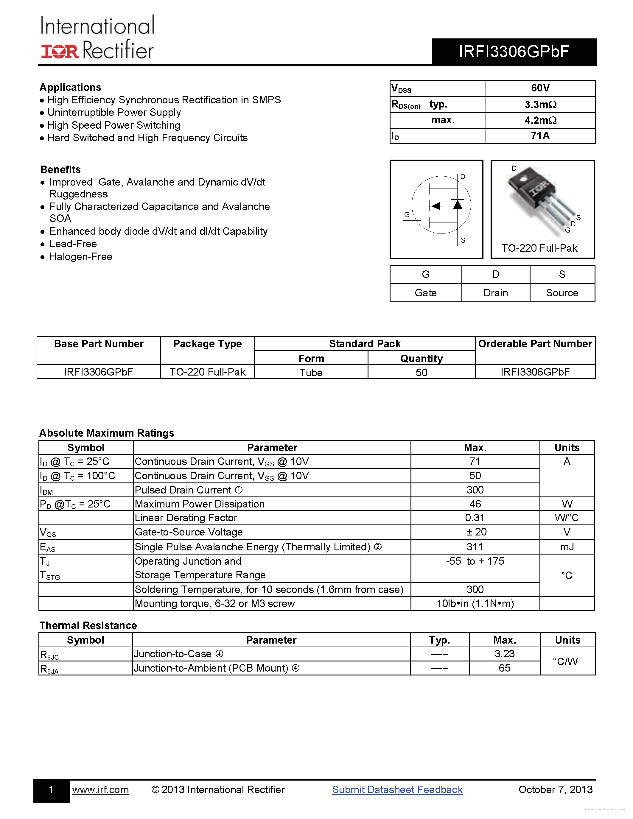 Datasheet IRFI3306GPBF - page 1