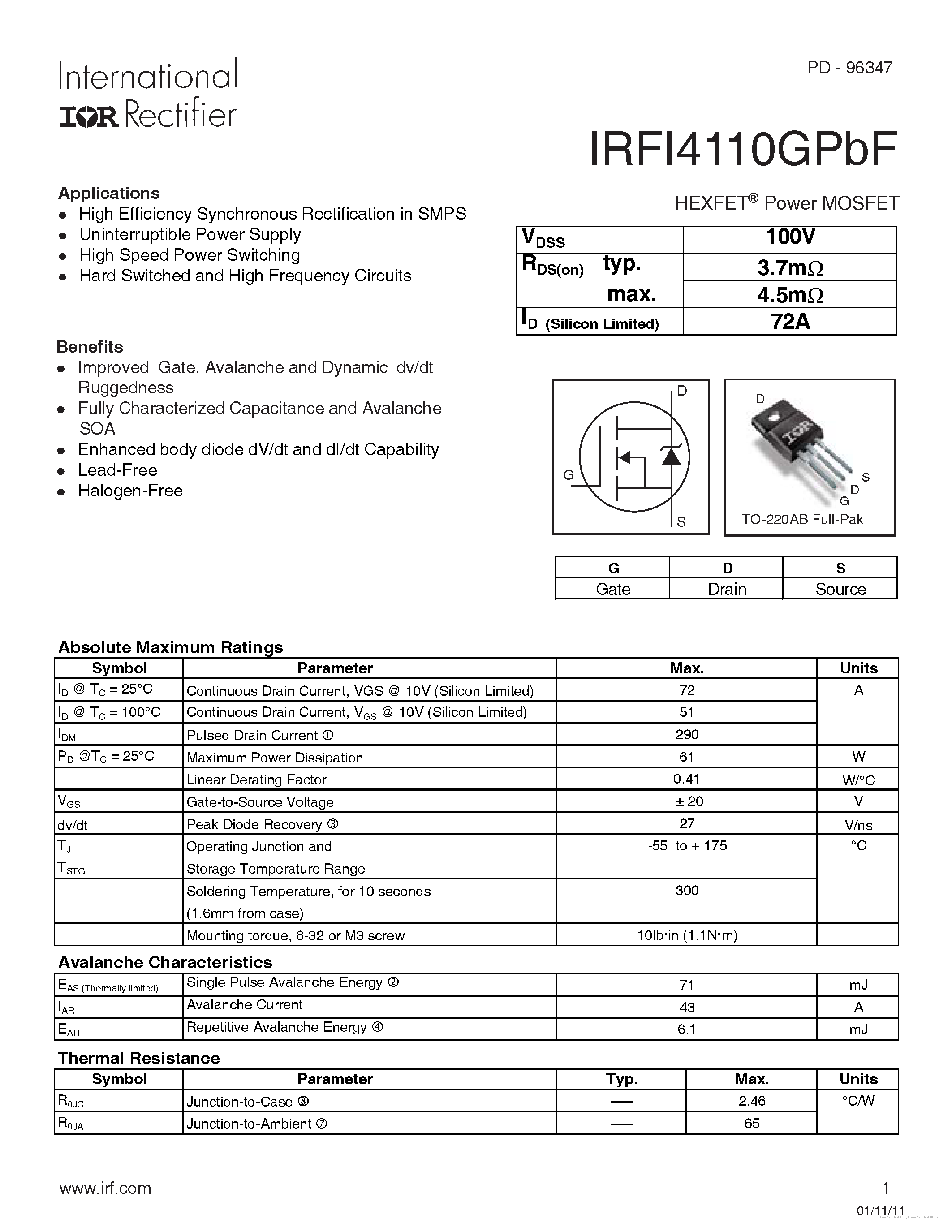 Datasheet IRFI4110GPBF - page 1