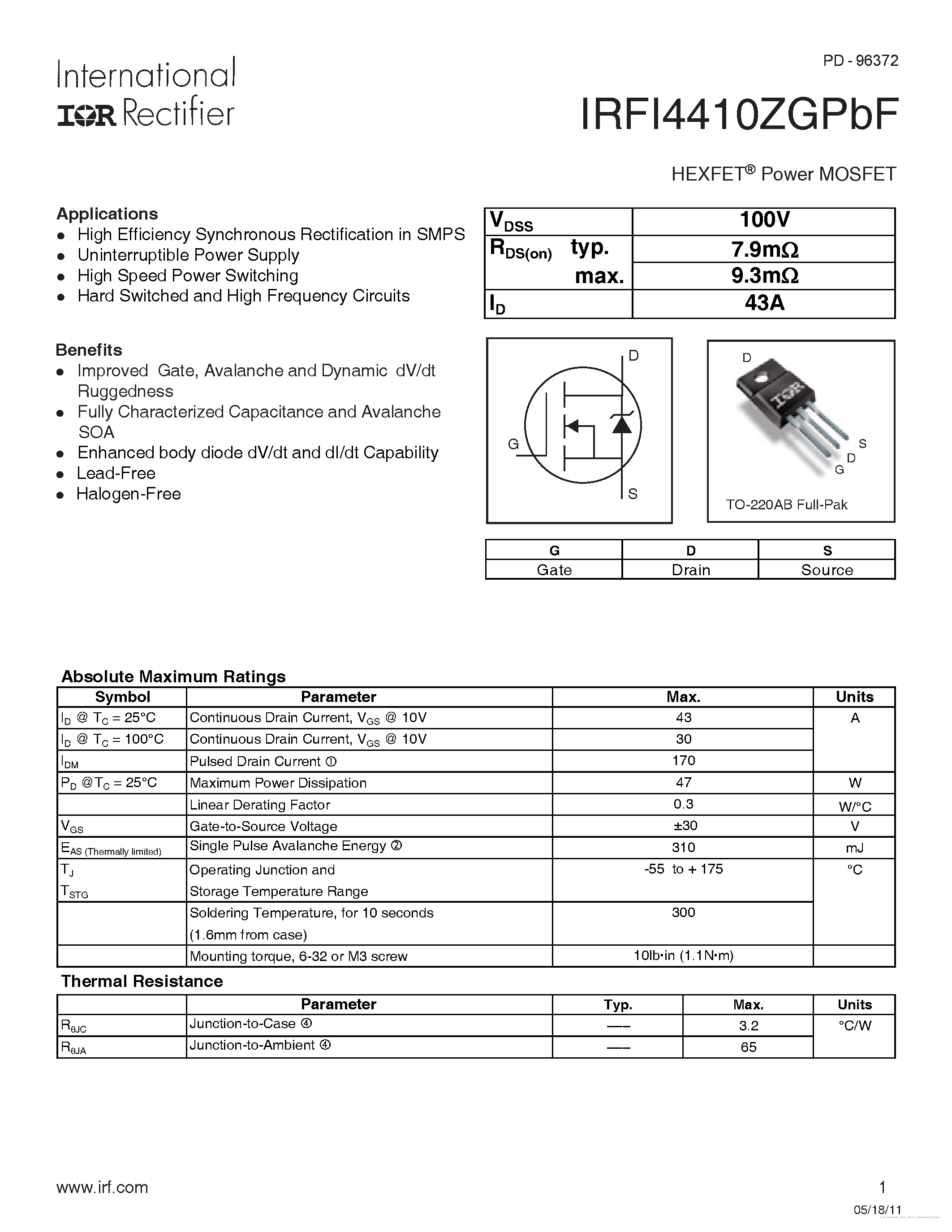 Datasheet IRFI4410ZGPBF - page 1