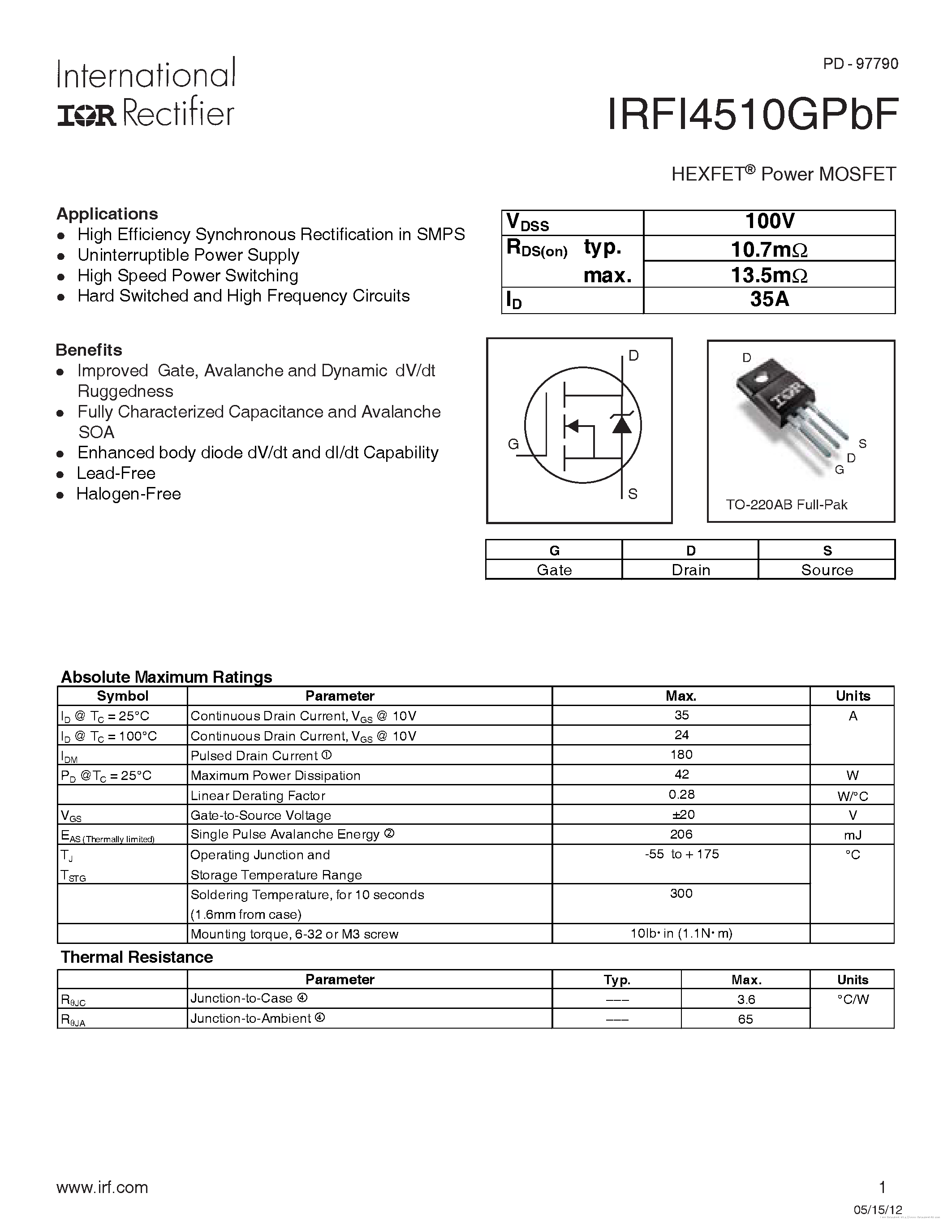 Datasheet IRFI4510GPBF - page 1