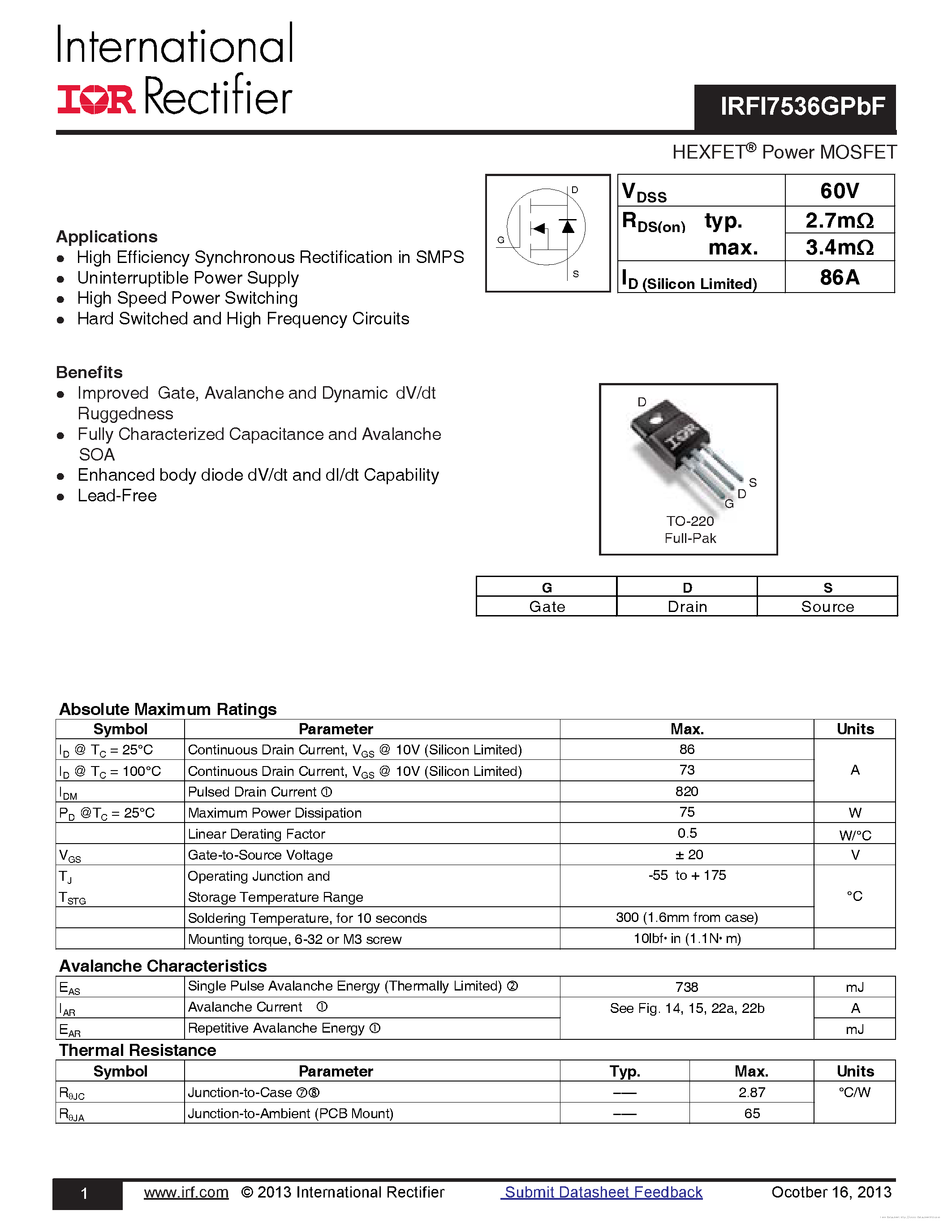 Datasheet IRFI7536GPBF - page 1