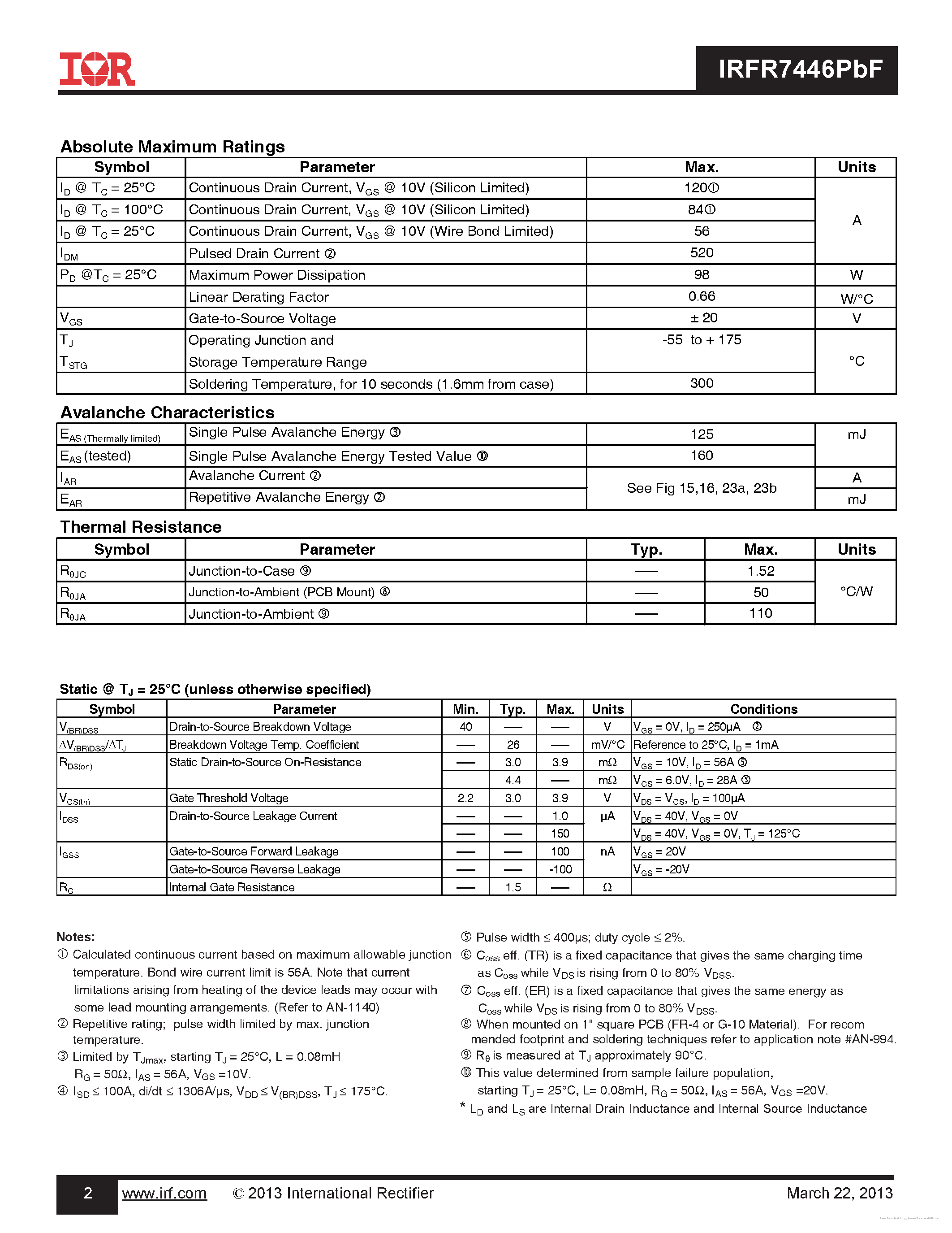 Datasheet IRFR7446PBF - page 2