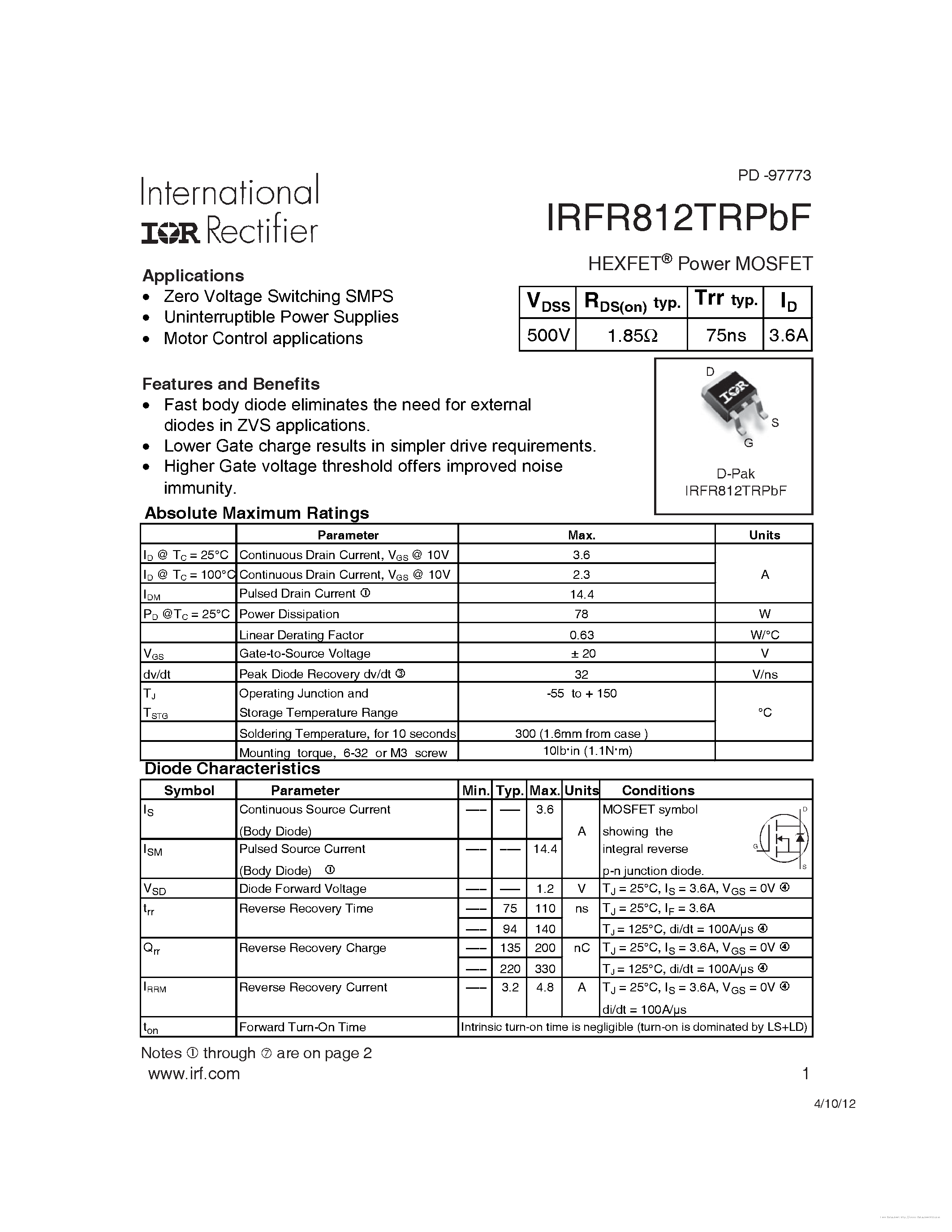 Datasheet IRFR812TRPBF - page 1