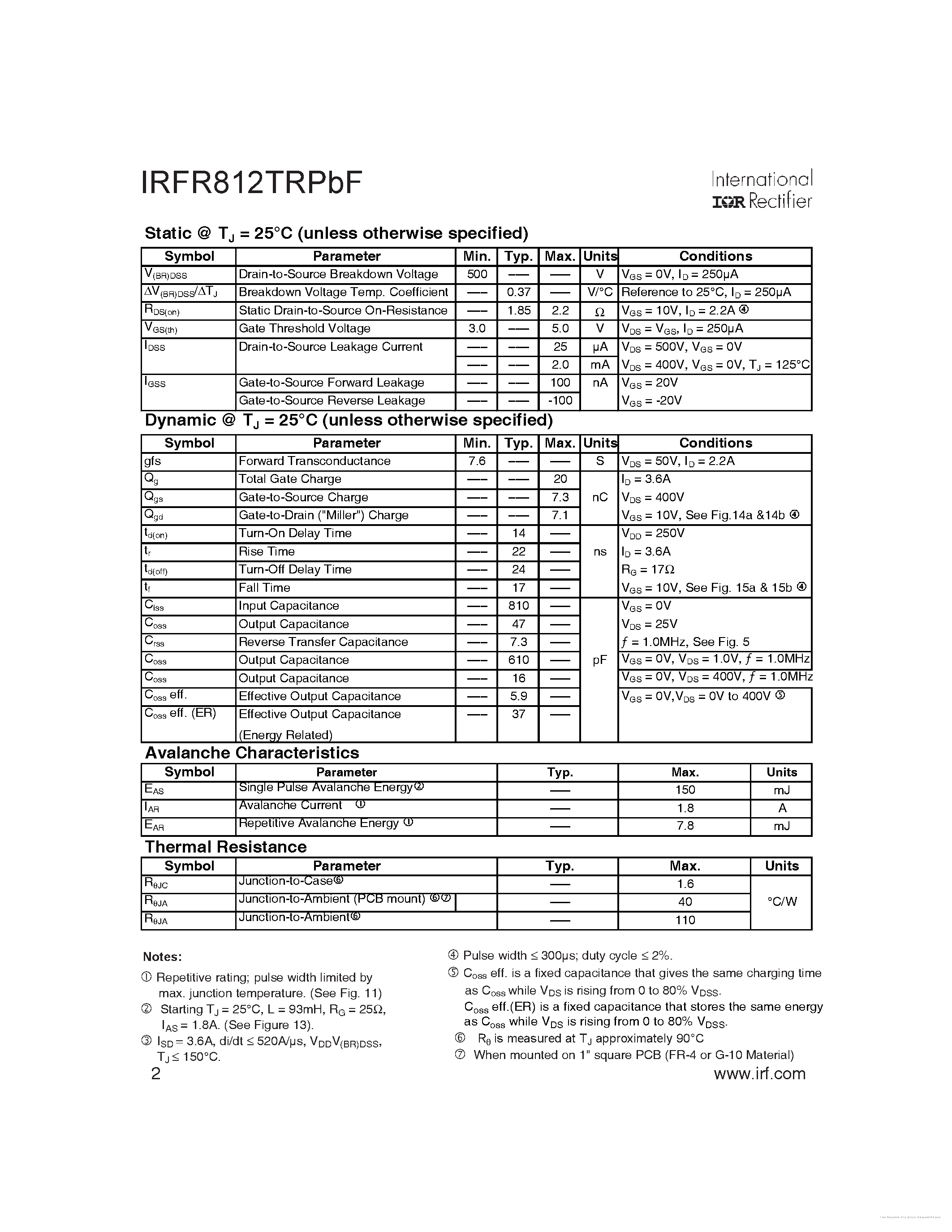 Datasheet IRFR812TRPBF - page 2