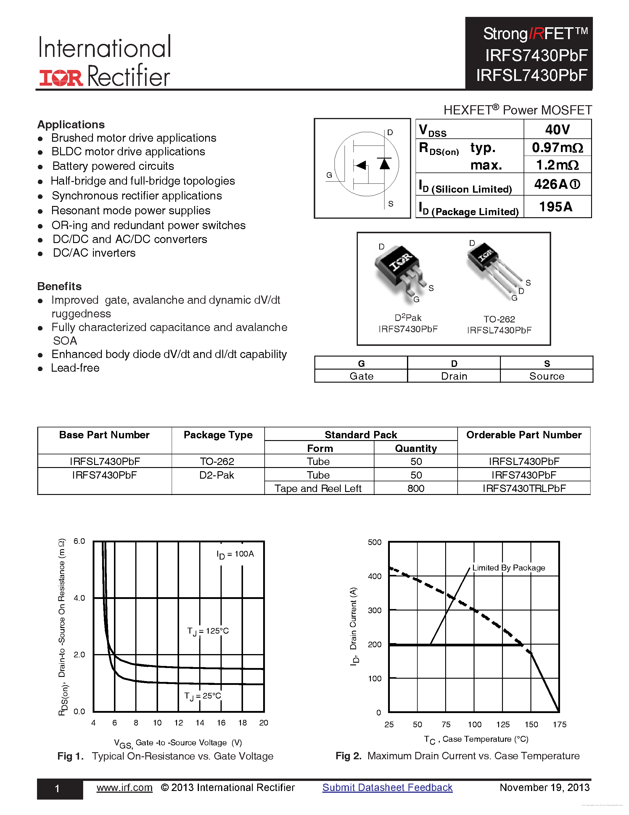 Datasheet IRFS7430PBF - page 1