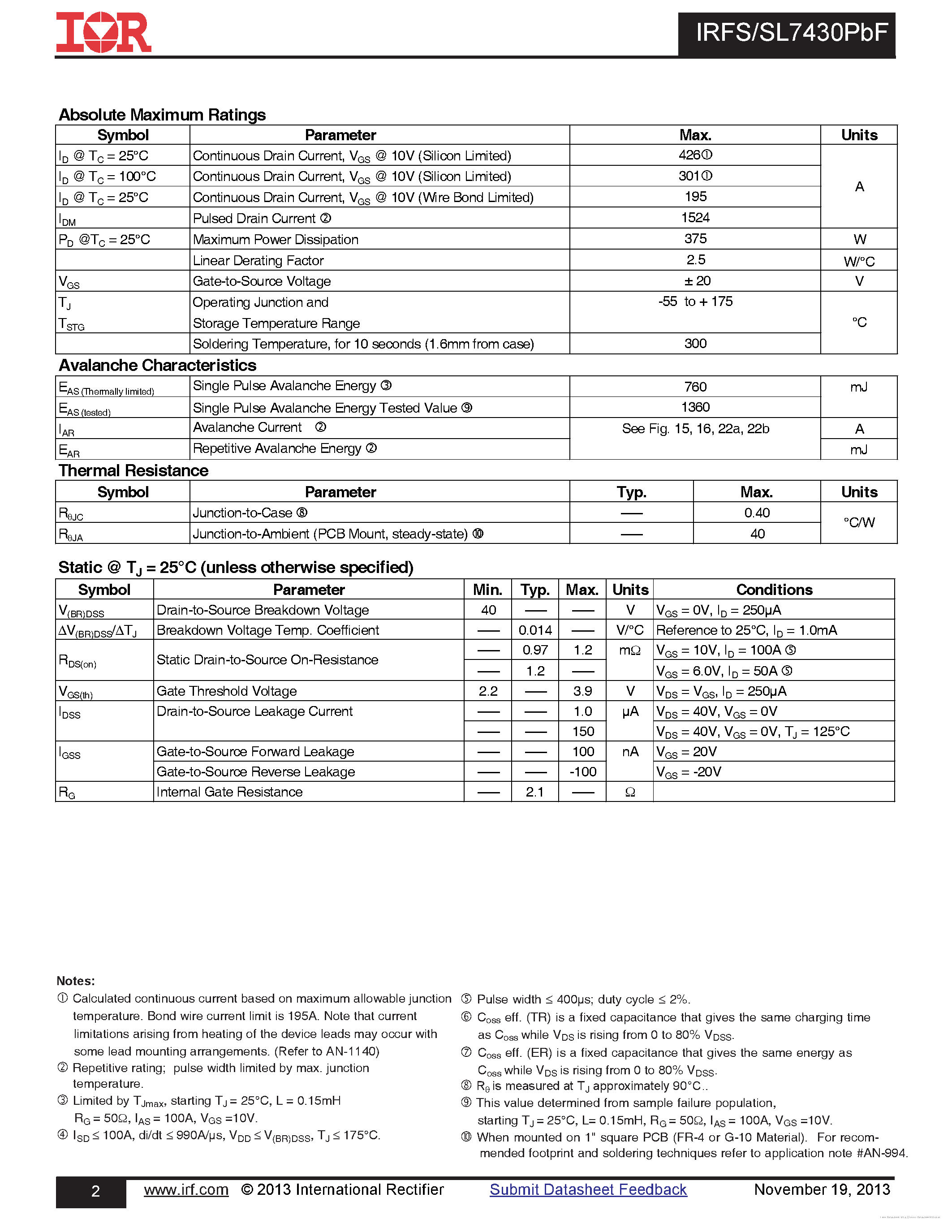 Datasheet IRFS7430PBF - page 2