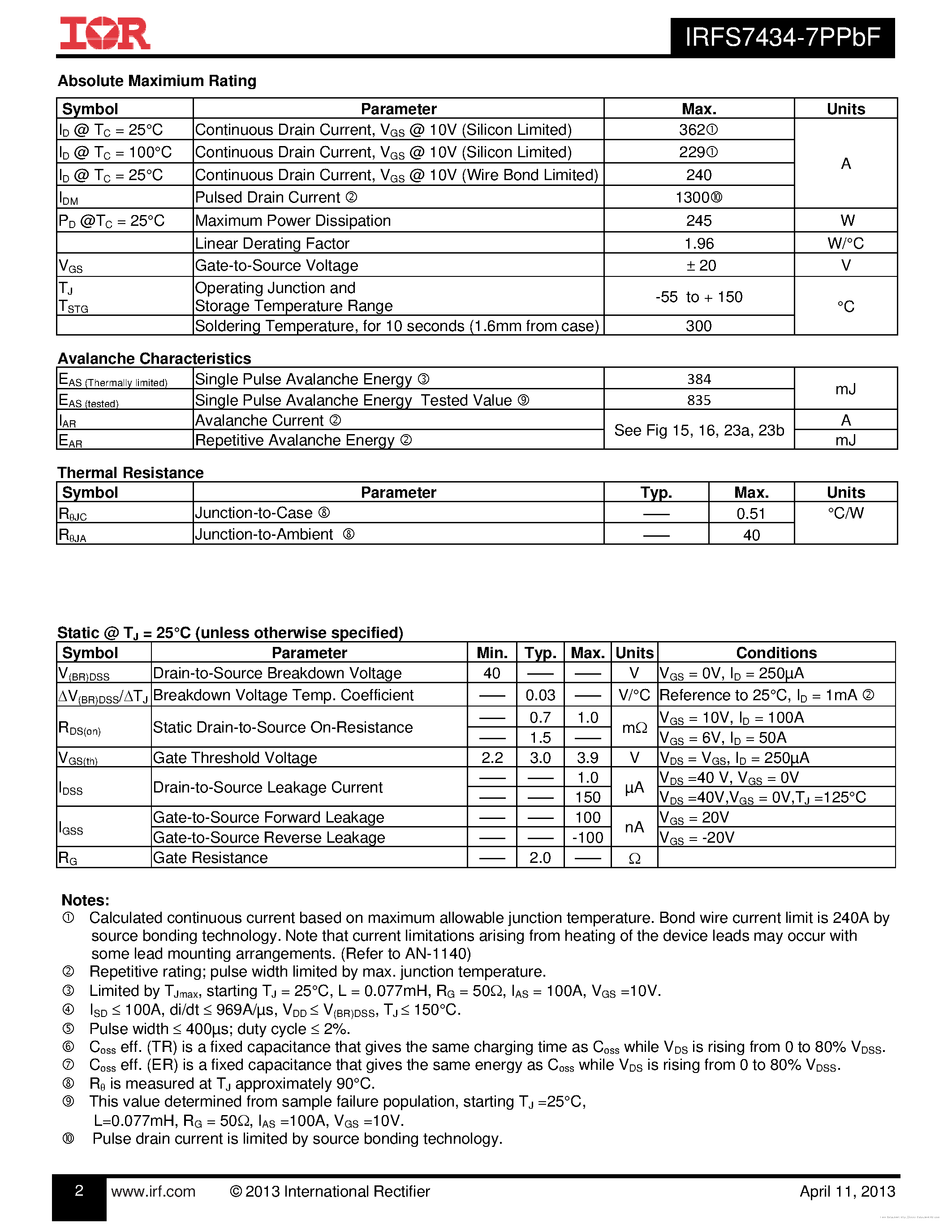 Datasheet IRFS7434-7PPBF - page 2