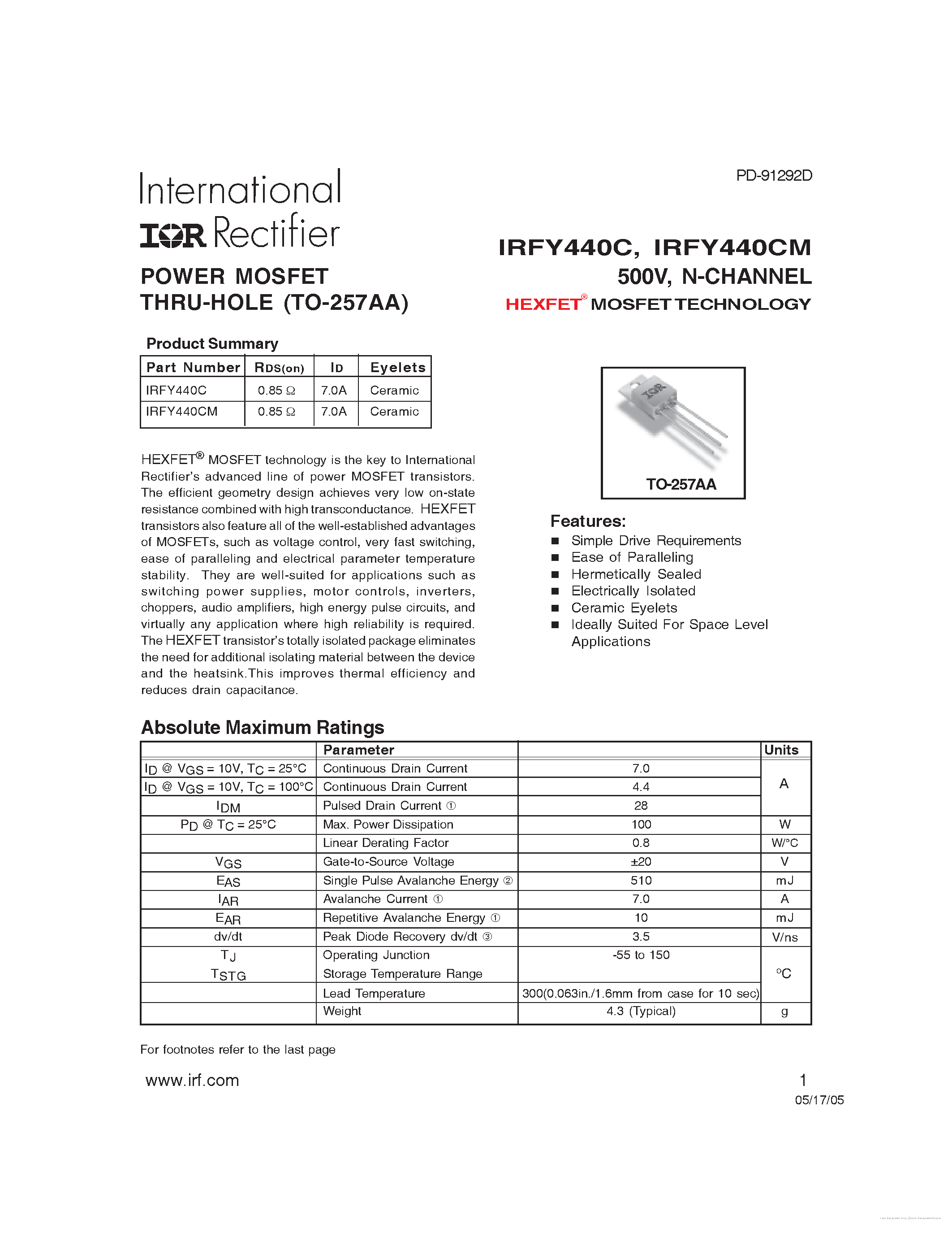 Datasheet IRFY440C - page 1