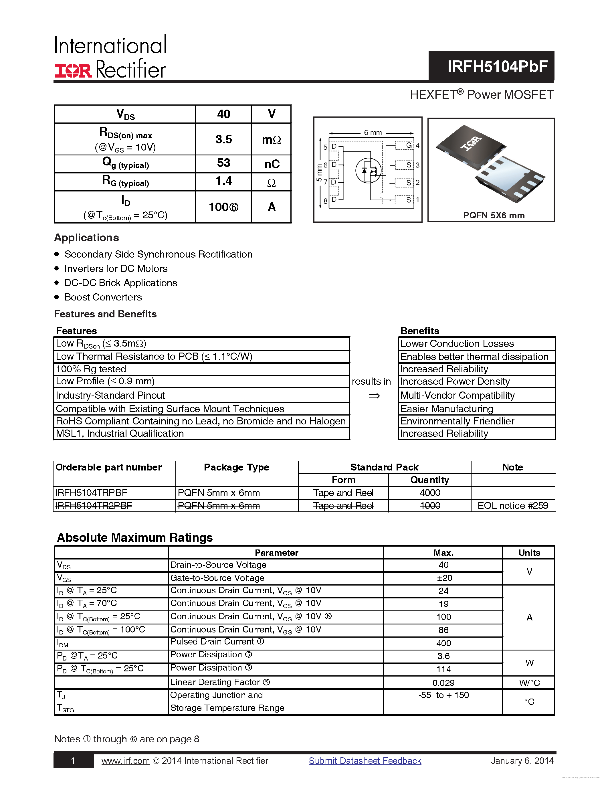 Datasheet IRFH5104PBF - page 1