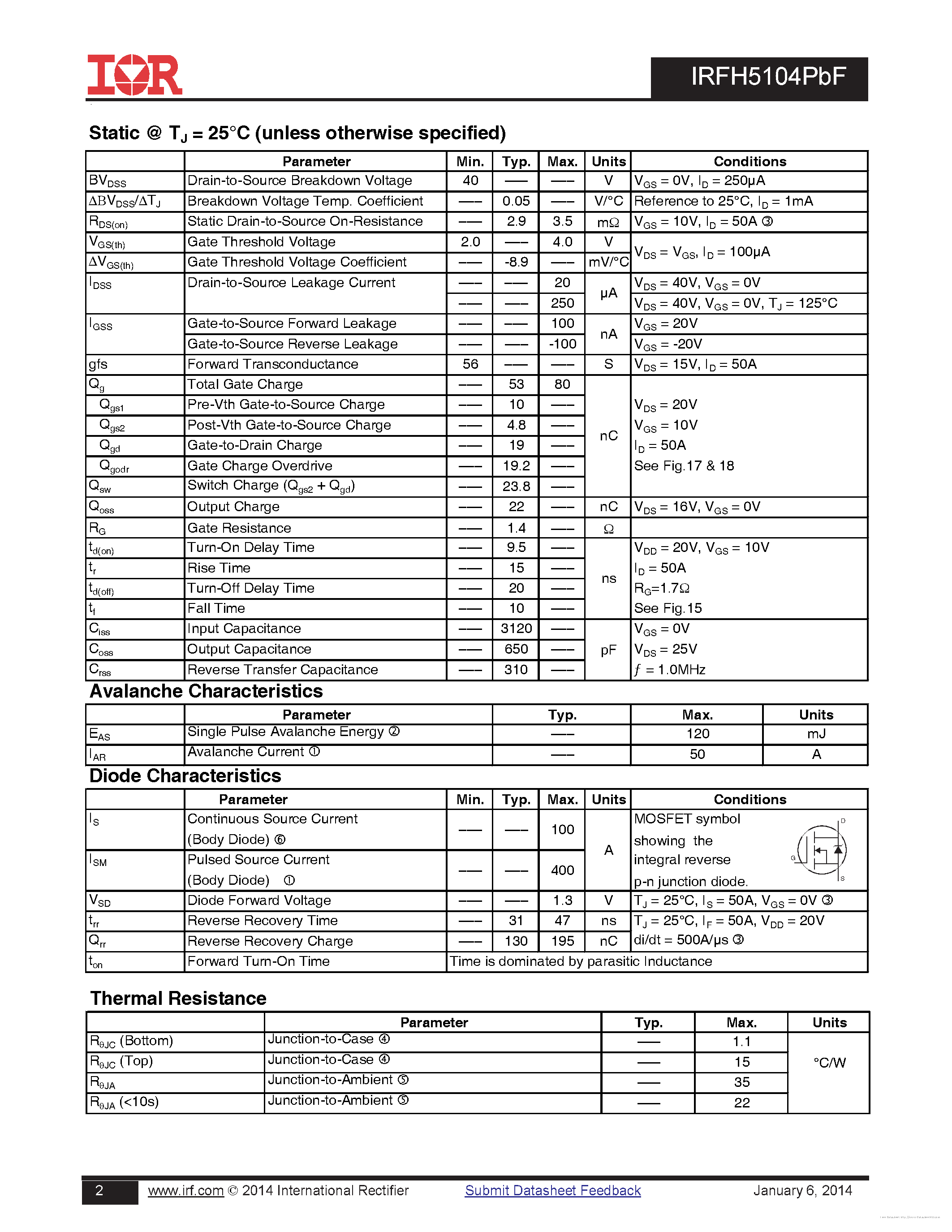 Datasheet IRFH5104PBF - page 2