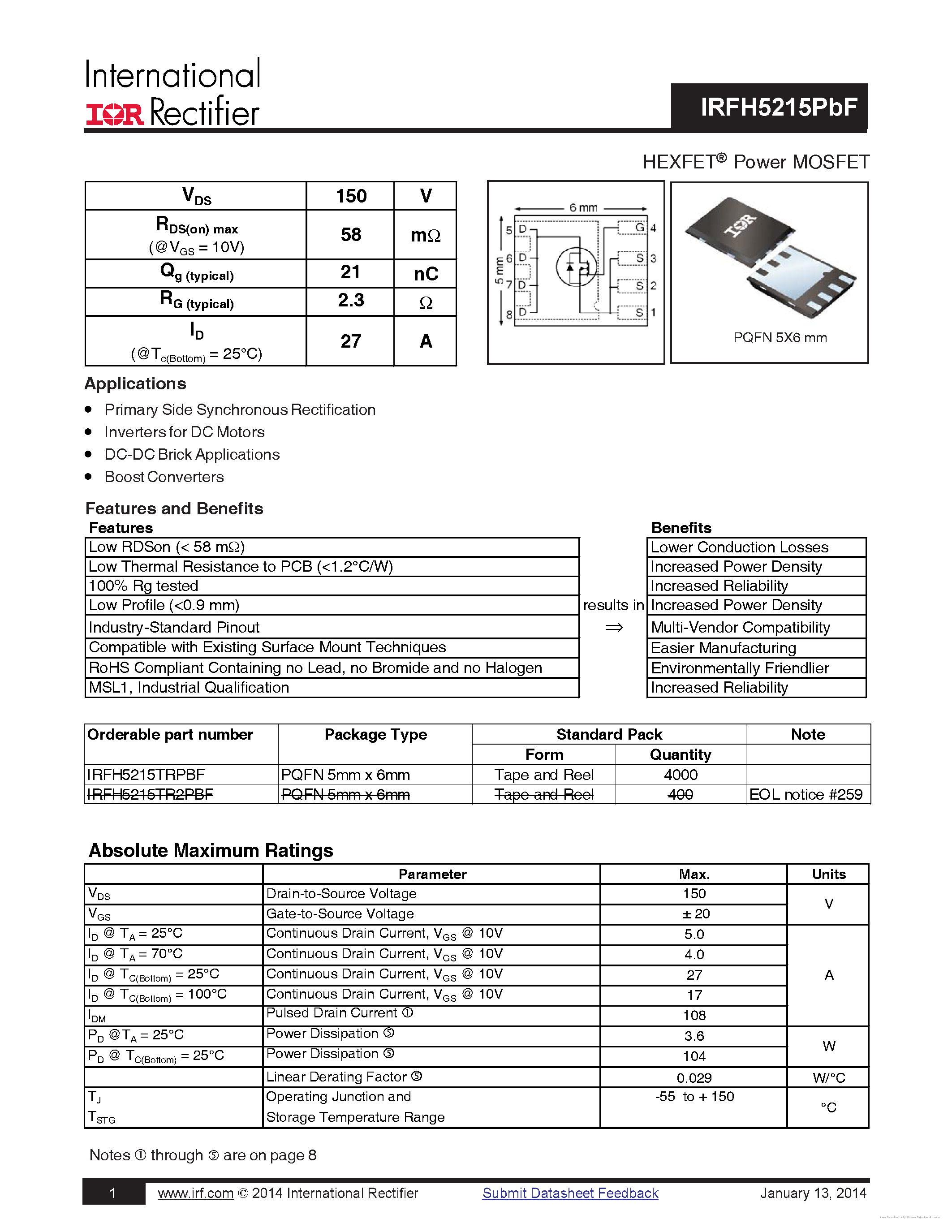 Datasheet IRFH5215PBF - page 1