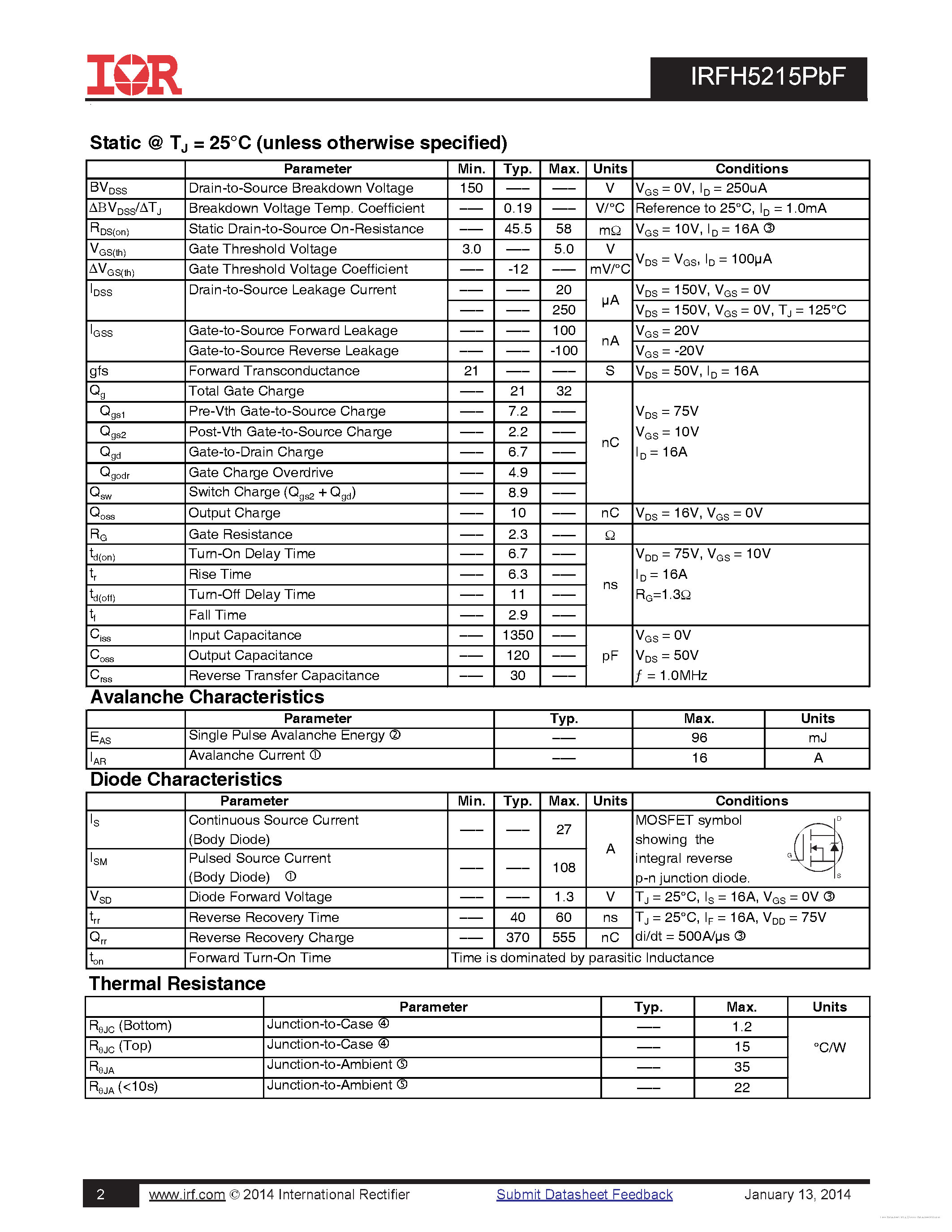 Datasheet IRFH5215PBF - page 2